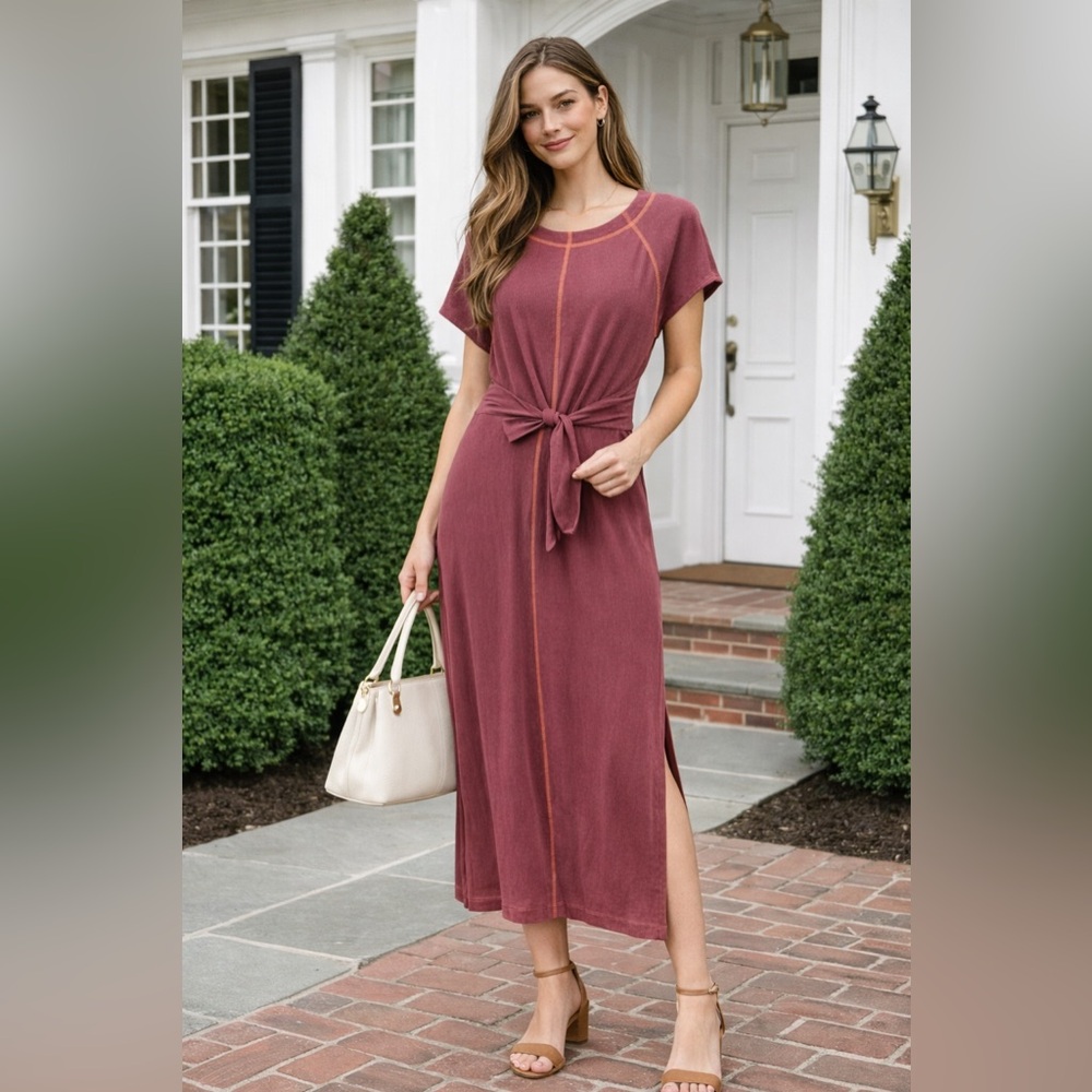 Free People NWT Ribbed Tie Waist Midi Dress Mauve Pink Wild Ginger MSRP$128